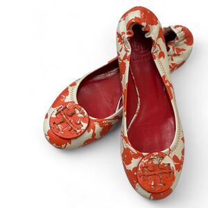 Tory Burch Orange Floral-Print Reva Ballet Flats